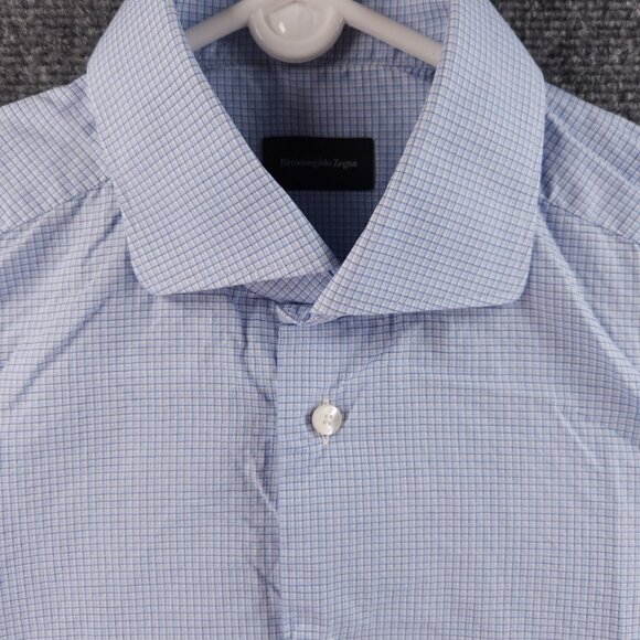 Ermenegildo Zegna 15.5 Cotton Tailored Blue French Cuff Check Men Shirt Spread - Picture 1 of 16